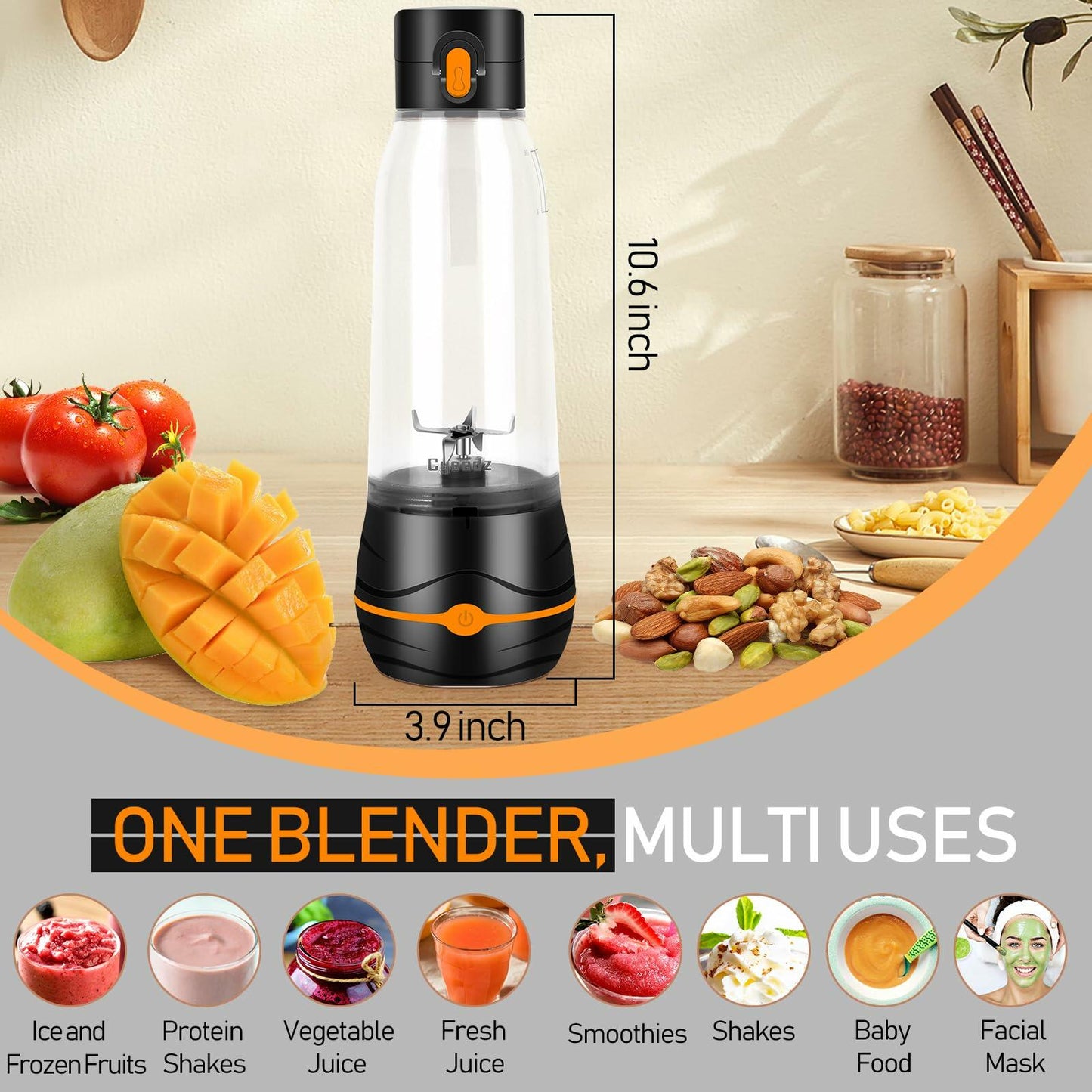 Portable Blender Personal USB Mini 6 Blades 17Oz To Go Travel Black