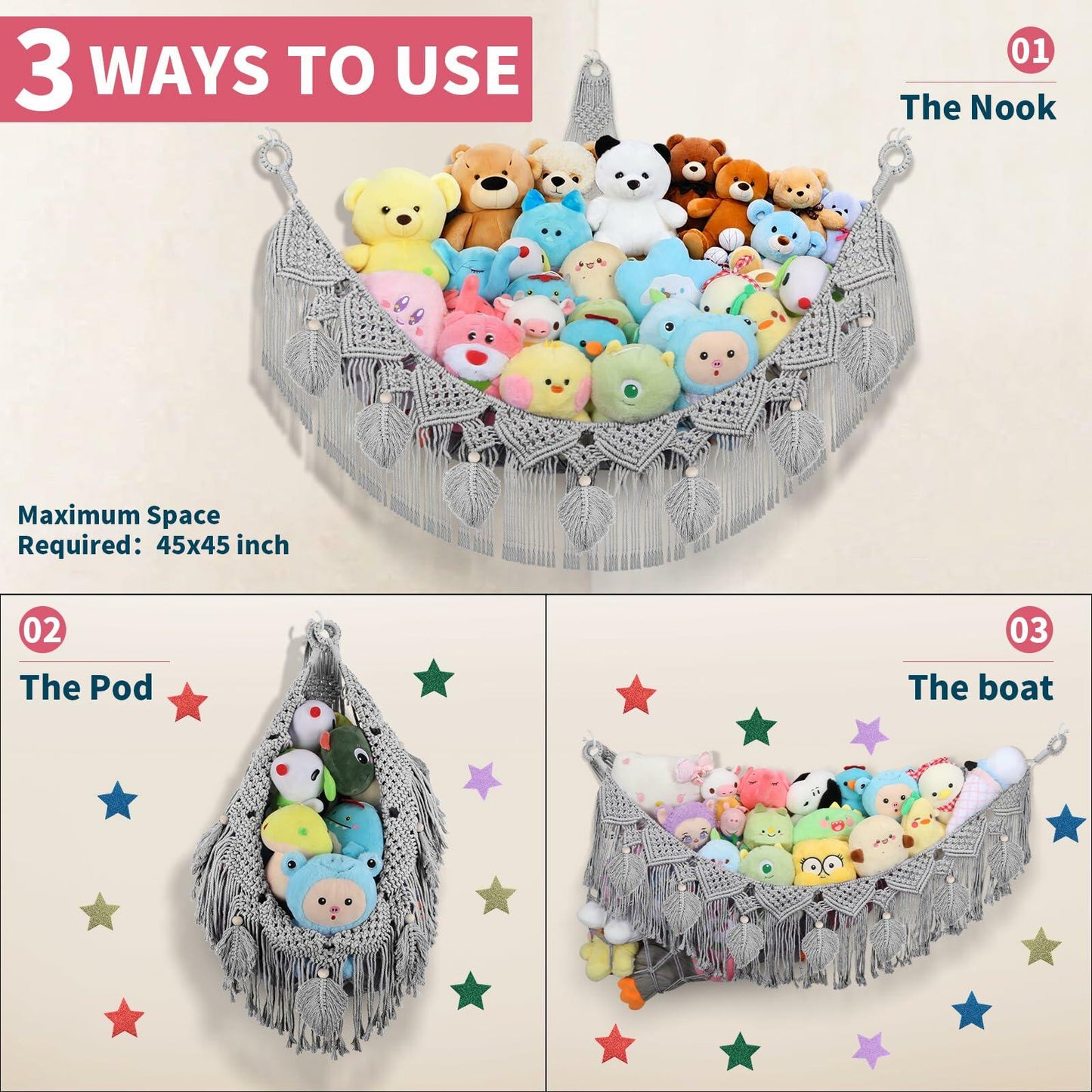 iHansee 56" Jumbo Stuffed Animals Hammock w/ LED Star Light Gray