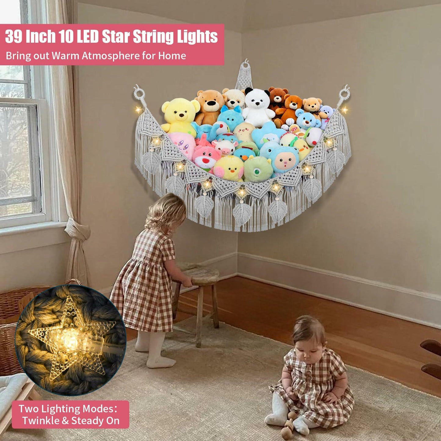 iHansee 56" Jumbo Stuffed Animals Hammock w/ LED Star Light Gray