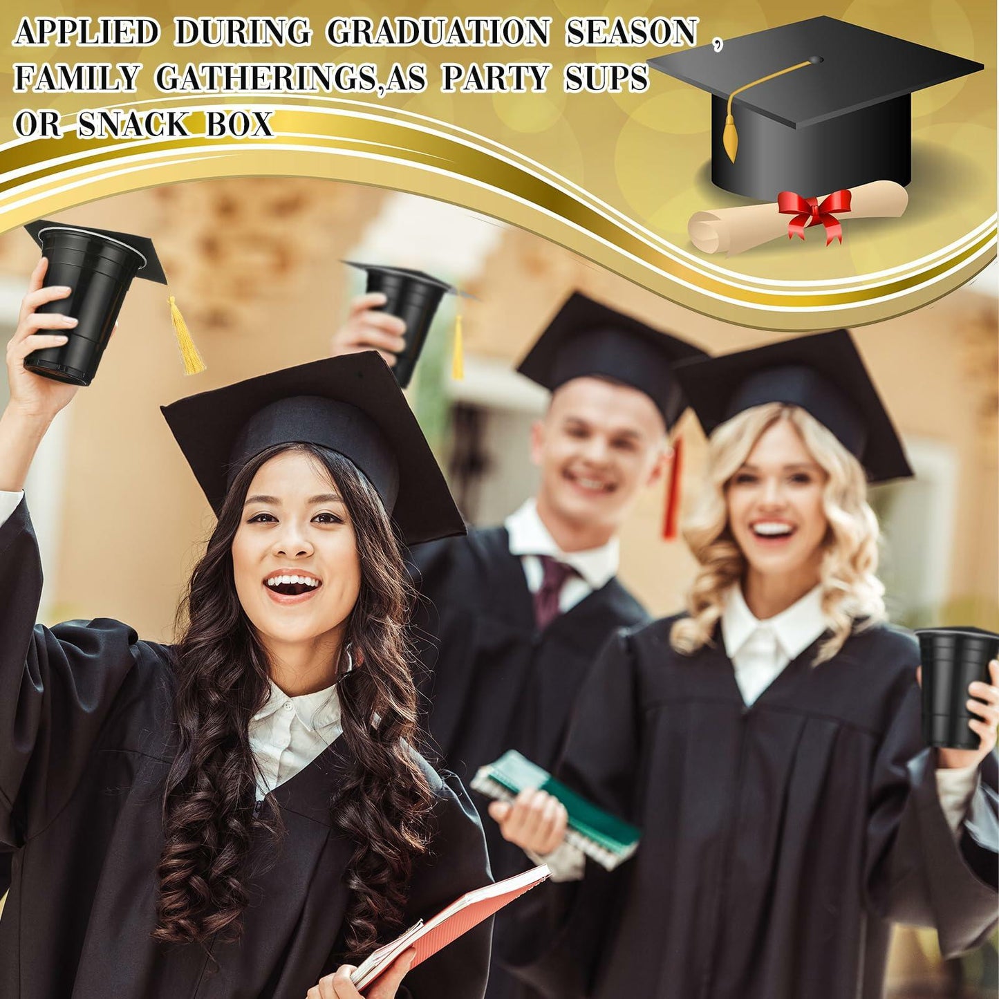 Jingmore Graduation Gift Box 30 Set 16oz Black Plastic Cups Graduation Cap