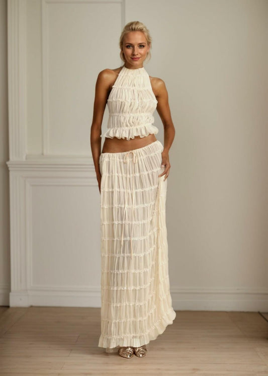 Women's Backless Halter Tank Top & Pleated Maxi Skirt Set Off-white Size S