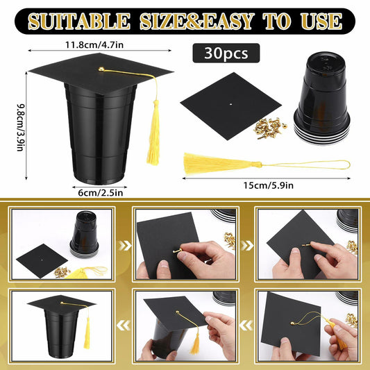 Jingmore Graduation Gift Box 30 Set 16oz Black Plastic Cups Graduation Cap