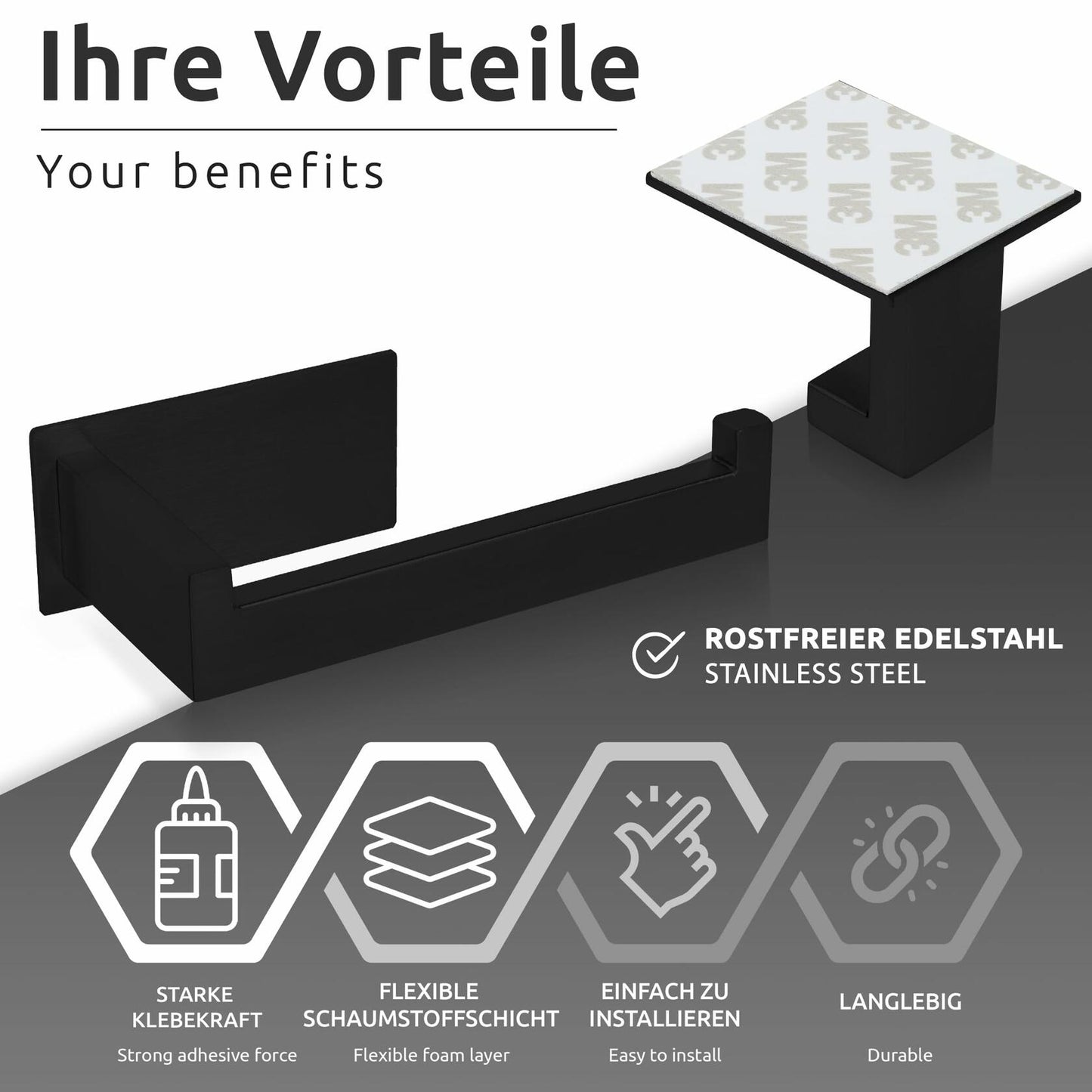 ECENCE Bathroom Set Black 1 Toilet Roll Holder + 2 Towel Hooks No Drilling