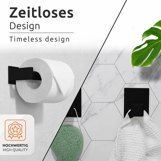 ECENCE Bathroom Set Black 1 Toilet Roll Holder + 2 Towel Hooks No Drilling