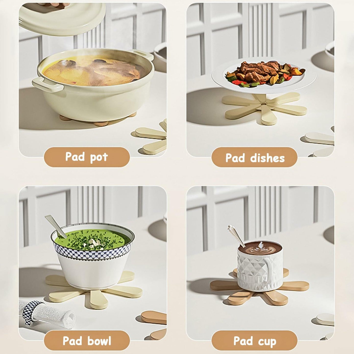 Silicone Trivets for Hot Dishes 3 Tree Coasters + 1 Foldable Stand Green