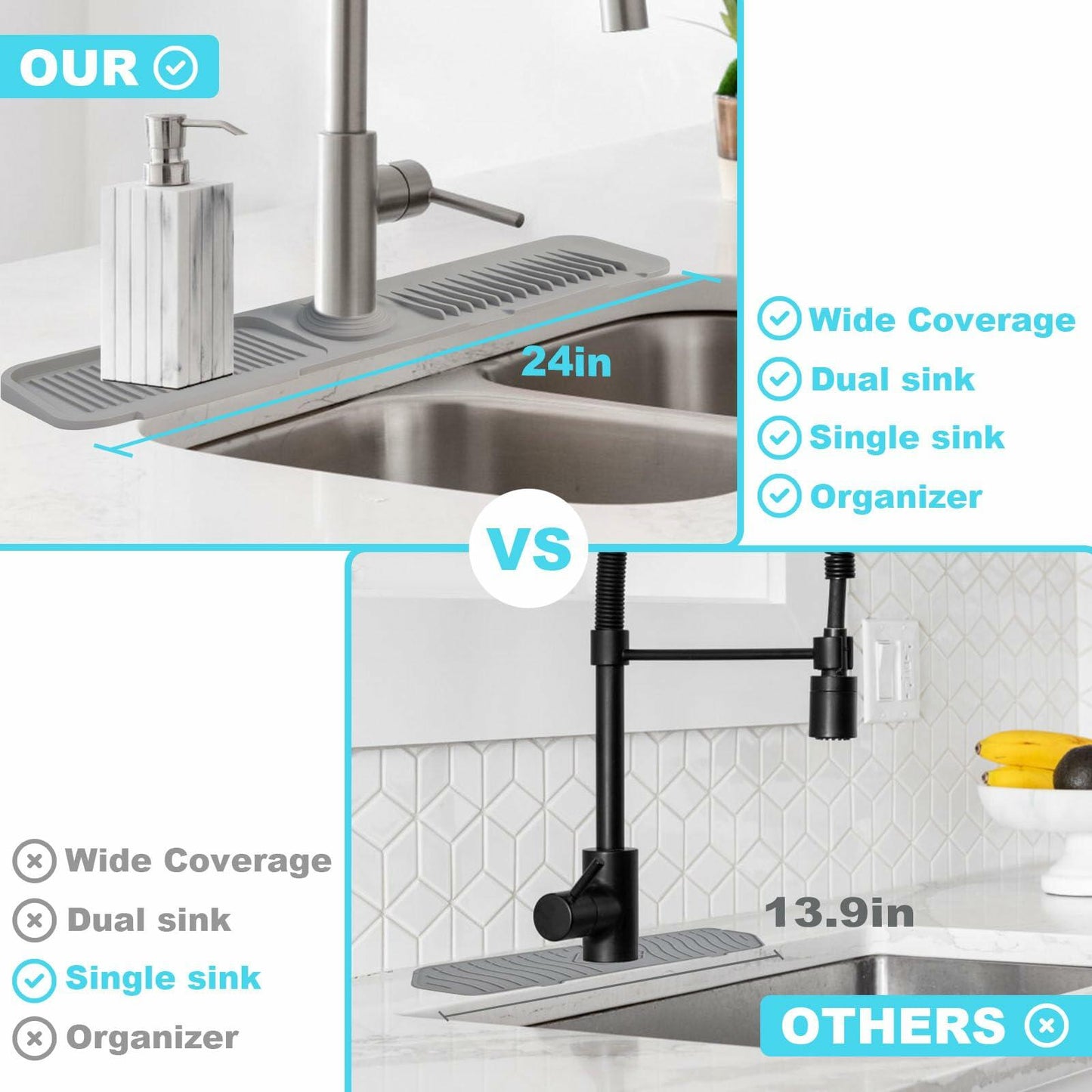 5° Slope Kitchen Sink Splash Guard Silicone Mat Gray 5x24in 1pc Faucet Tray