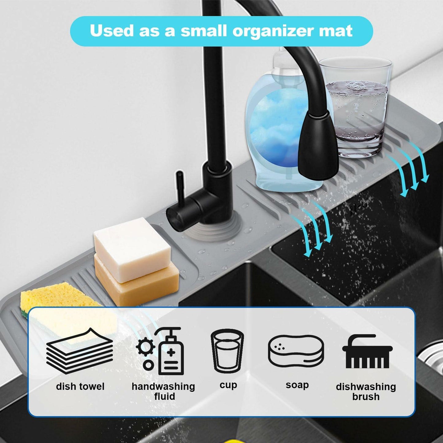 5° Slope Kitchen Sink Splash Guard Silicone Mat Gray 5x24in 1pc Faucet Tray