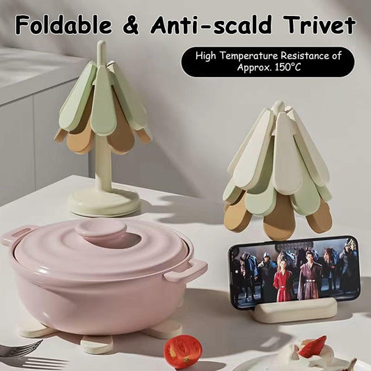 Silicone Trivets for Hot Dishes 3 Tree Coasters + 1 Foldable Stand Green