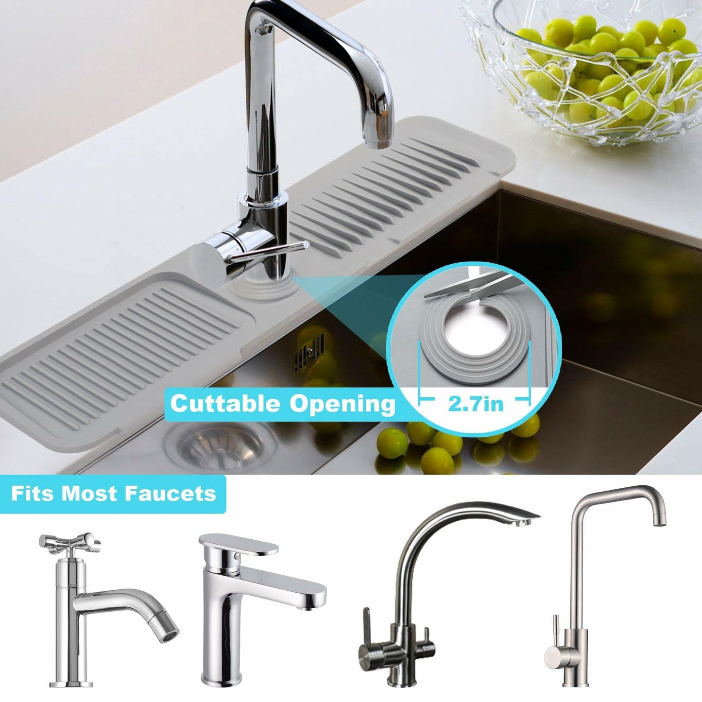 5° Slope Kitchen Sink Splash Guard Silicone Mat Gray 5x24in 1pc Faucet Tray