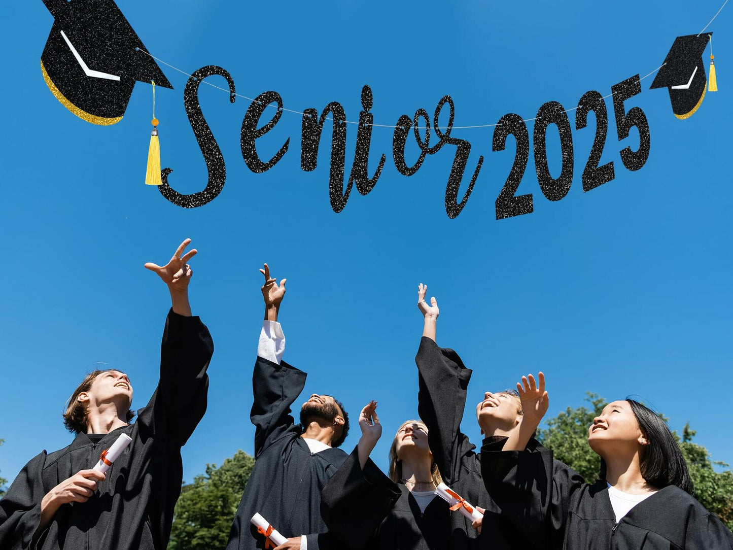 Oudain Glitter Senior 2025 Graduation Cap Banner Congrats Grad Blue