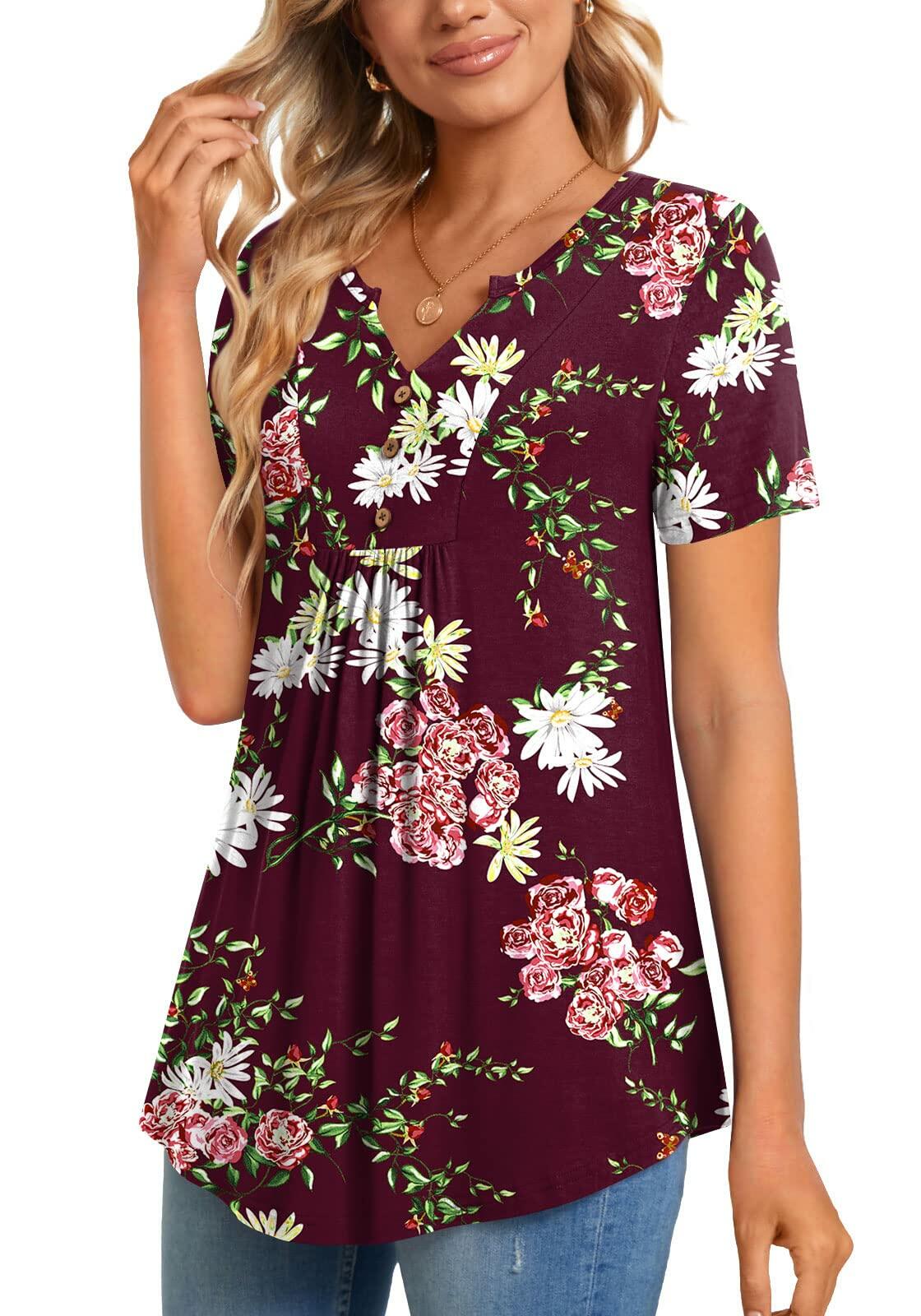 CATHY Womens Henley Tunic Top V Neck Button Wine Red Size XL