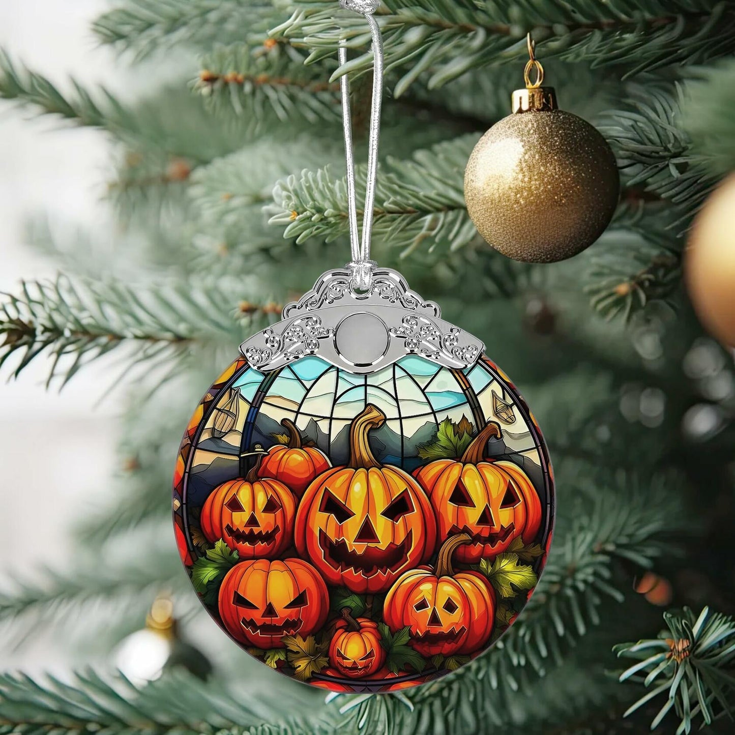 Pumpkin Family Stained Glass Christmas Ornament Holiday Decoration