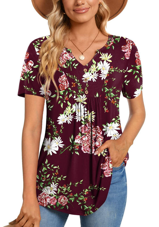 CATHY Womens Henley Tunic Top V Neck Button Wine Red Size XL