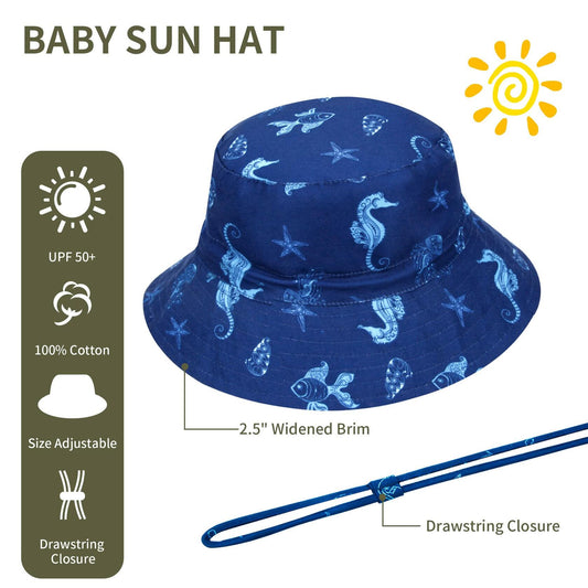Baby Sun Hat UPF 50+ Wide Brim Bucket Hat Whale Light Blue Size 2-4T