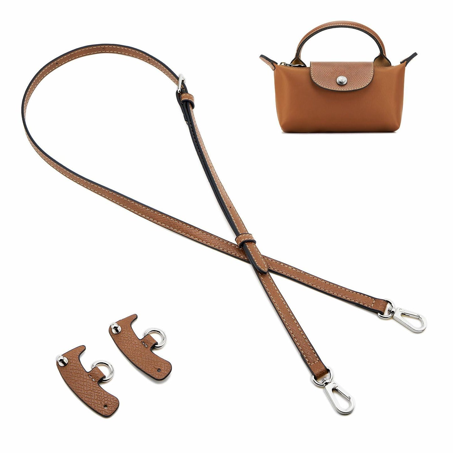 DEVPSISR Leather Adjustable Purse Strap for Longchamp Handbag Brown-Silver
