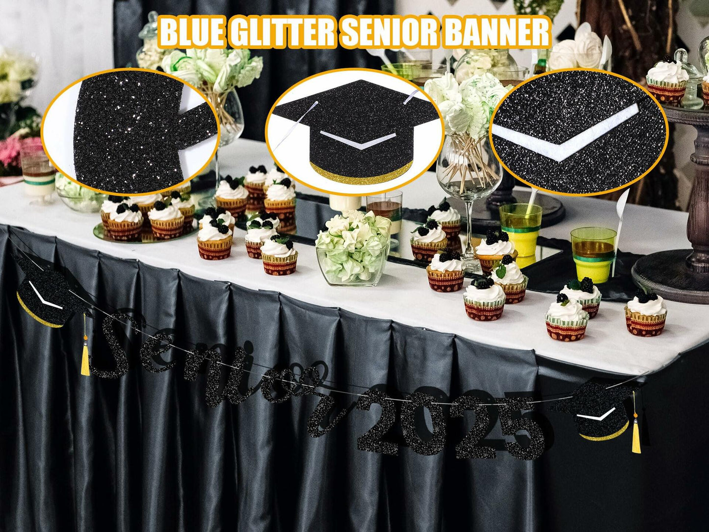 Oudain Glitter Senior 2025 Graduation Cap Banner Congrats Grad Blue