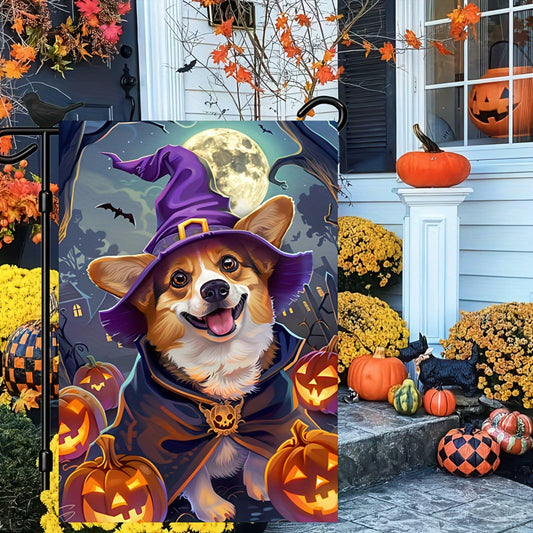 Happy Halloween Garden Flag Witch Hat Corgi Polyester 12x18 Inch Double Sided