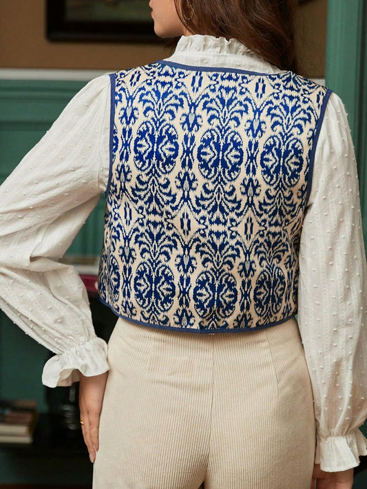 Verdusa Women’s Floral Tie Front Sleeveless Crop Top Navy Blue Size M