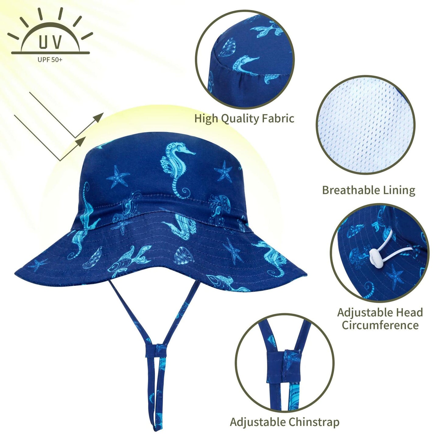 Baby Sun Hat UPF 50+ Wide Brim Bucket Hat Whale Light Blue Size 2-4T