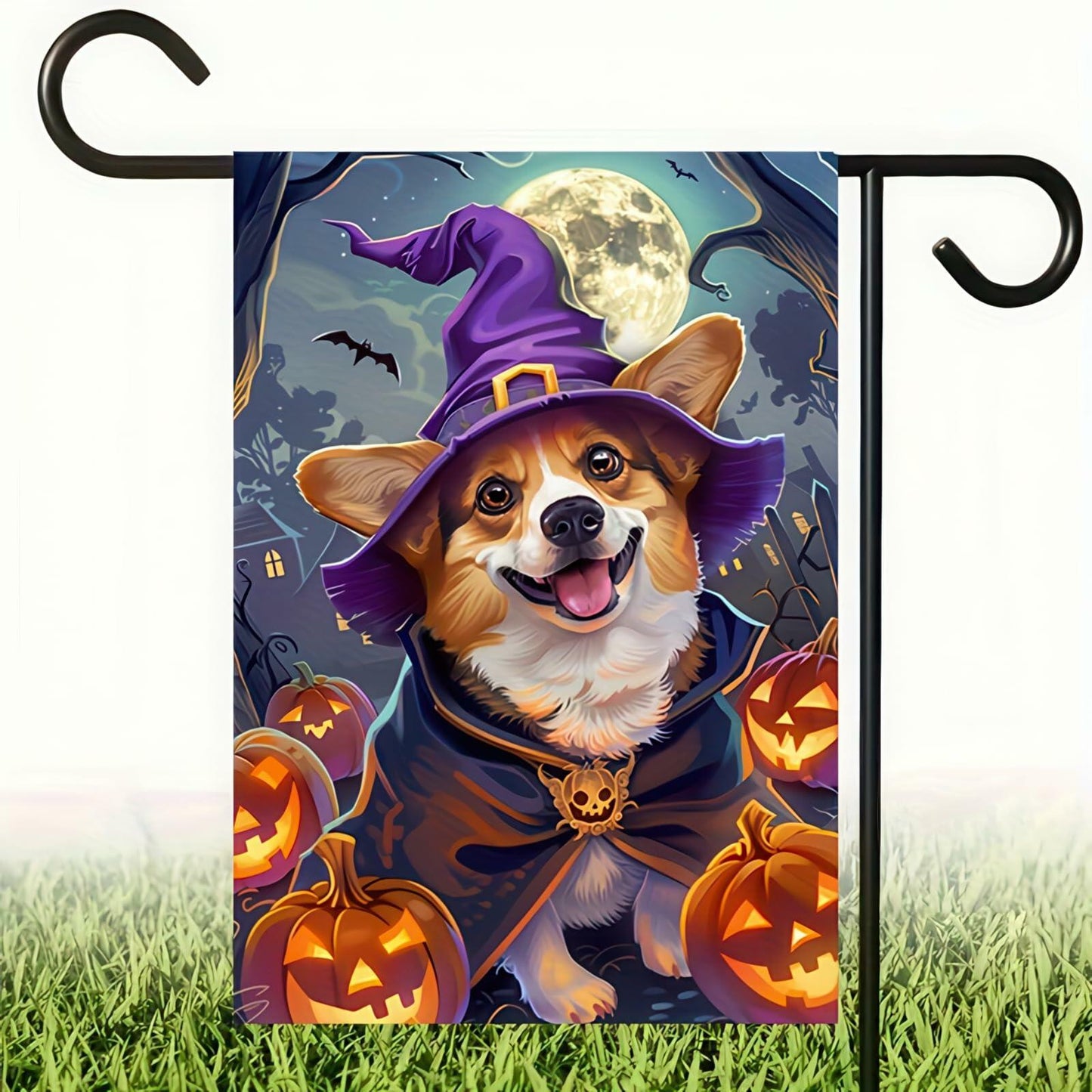 Happy Halloween Garden Flag Witch Hat Corgi Polyester 12x18 Inch Double Sided