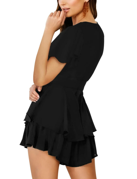 Bonkwa Women Short Flare Sleeve Floral Print Summer Casual Romper V-Neck Size S