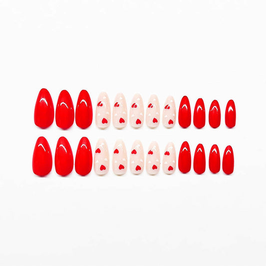 Valentine's Day Short Almond Fake Nails Red Heart White Dots 24Pcs