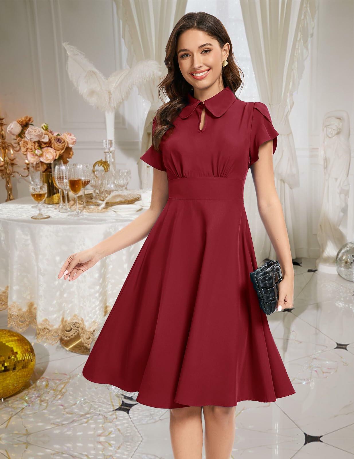 Bbonlinedress Retro Short Sleeve Collared Swing Dress Burgundy Size M