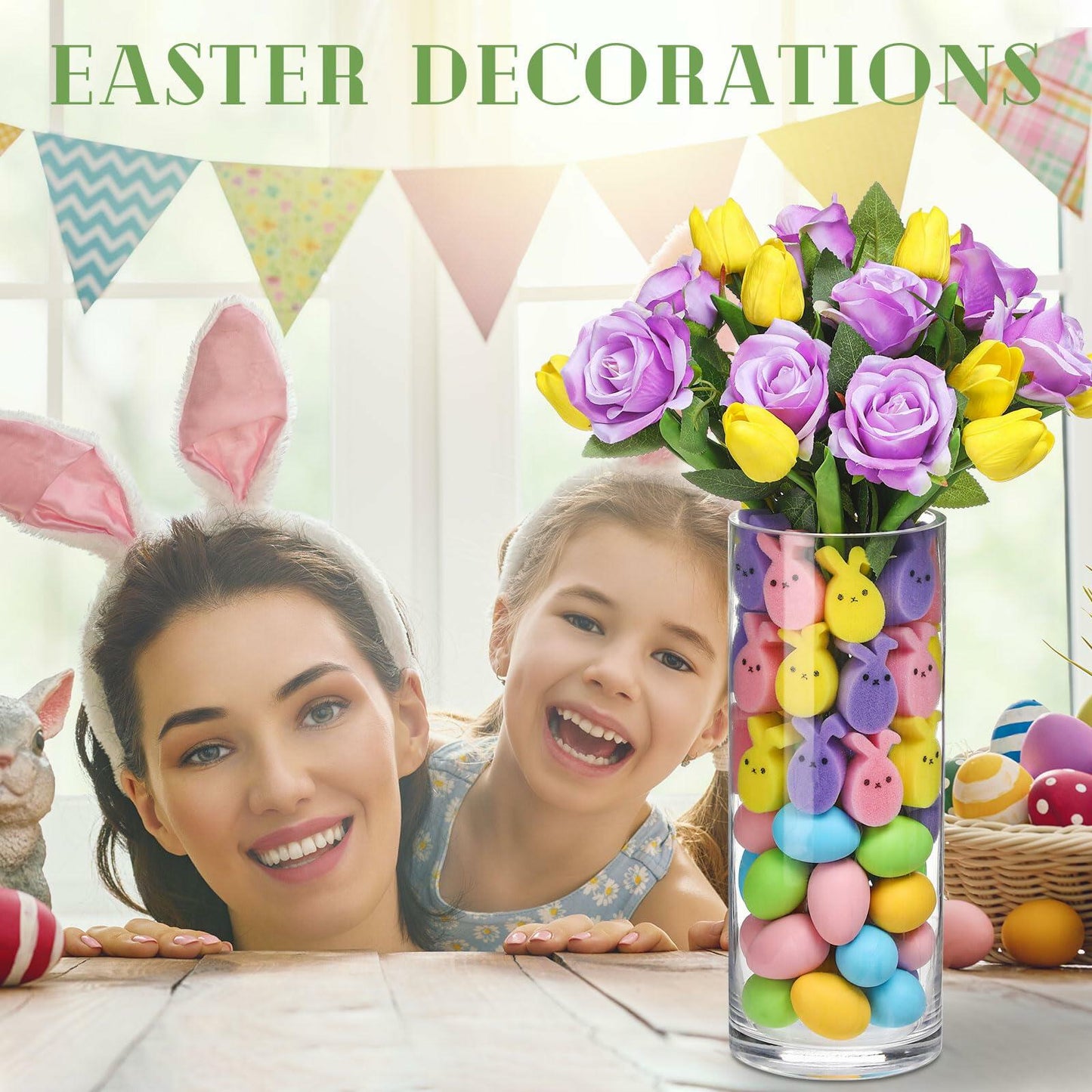 WinnerWhy 20 Artificial Tulips & Roses with 60 Sponge Bunnies & Eggs Set