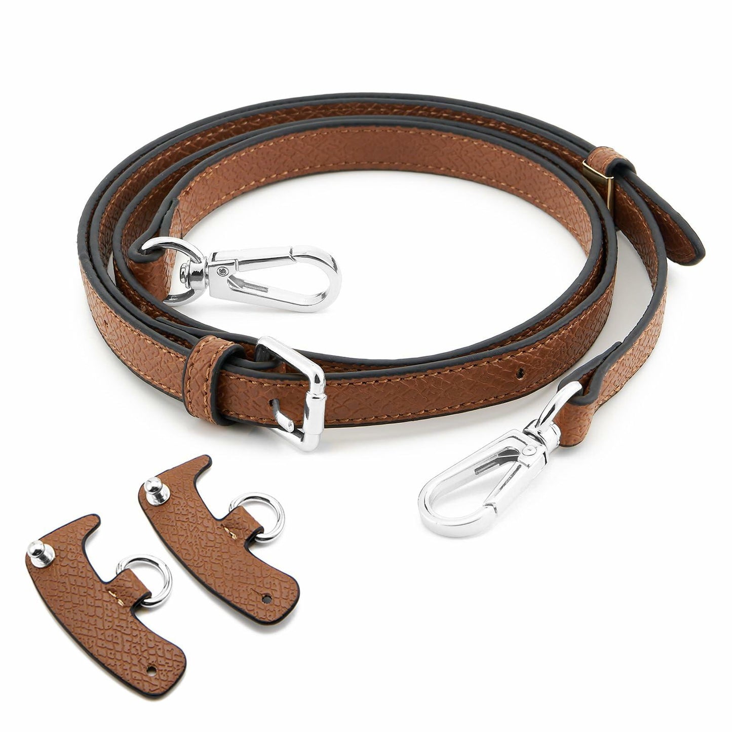 DEVPSISR Leather Adjustable Purse Strap for Longchamp Handbag Brown-Silver