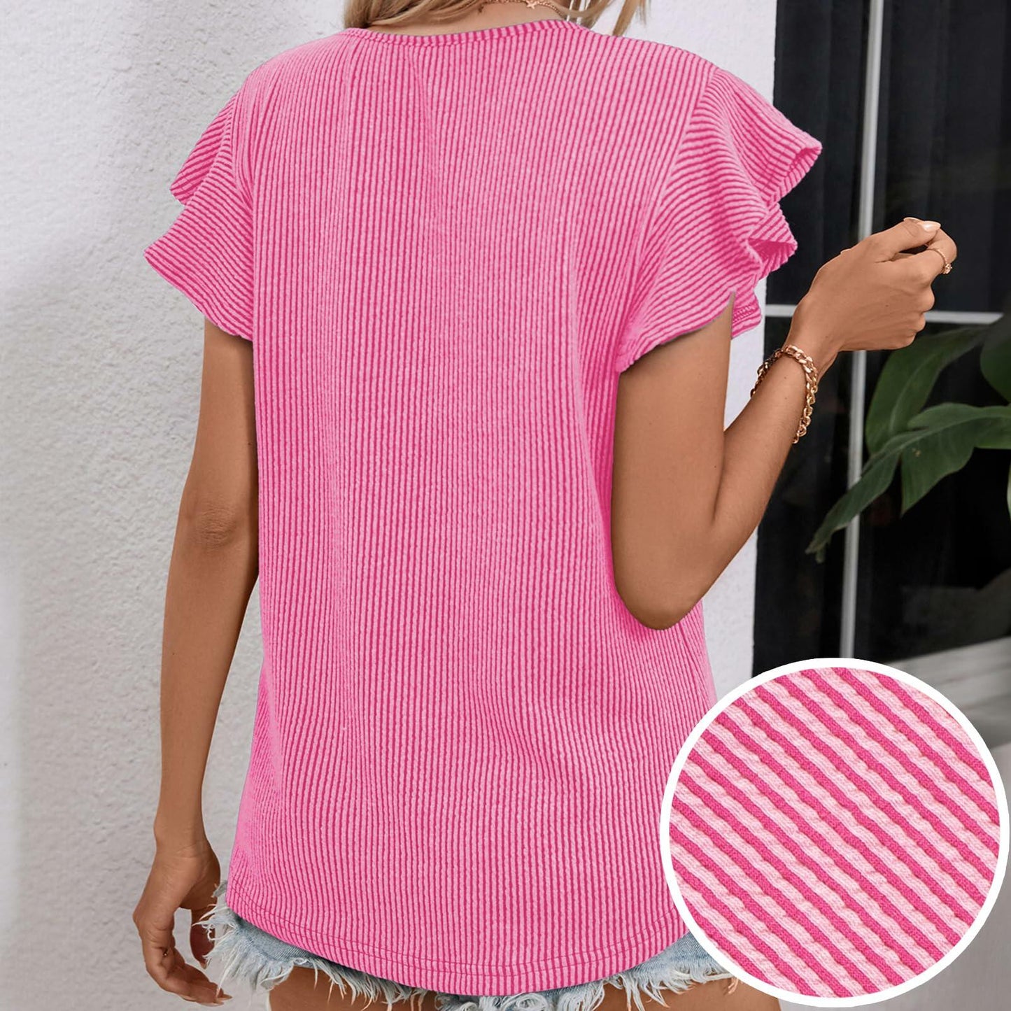 levaca Womens Ribbed Ruffle Short Sleeve Top Blue Size L