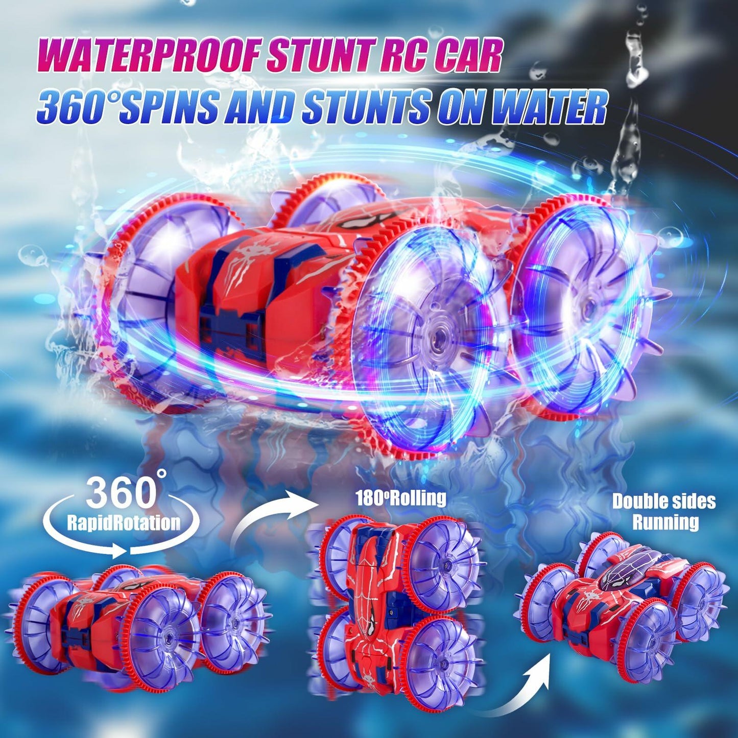 Spider Waterproof 2.4Ghz 4WD Remote Control Stunt Car with LED Lights Blue