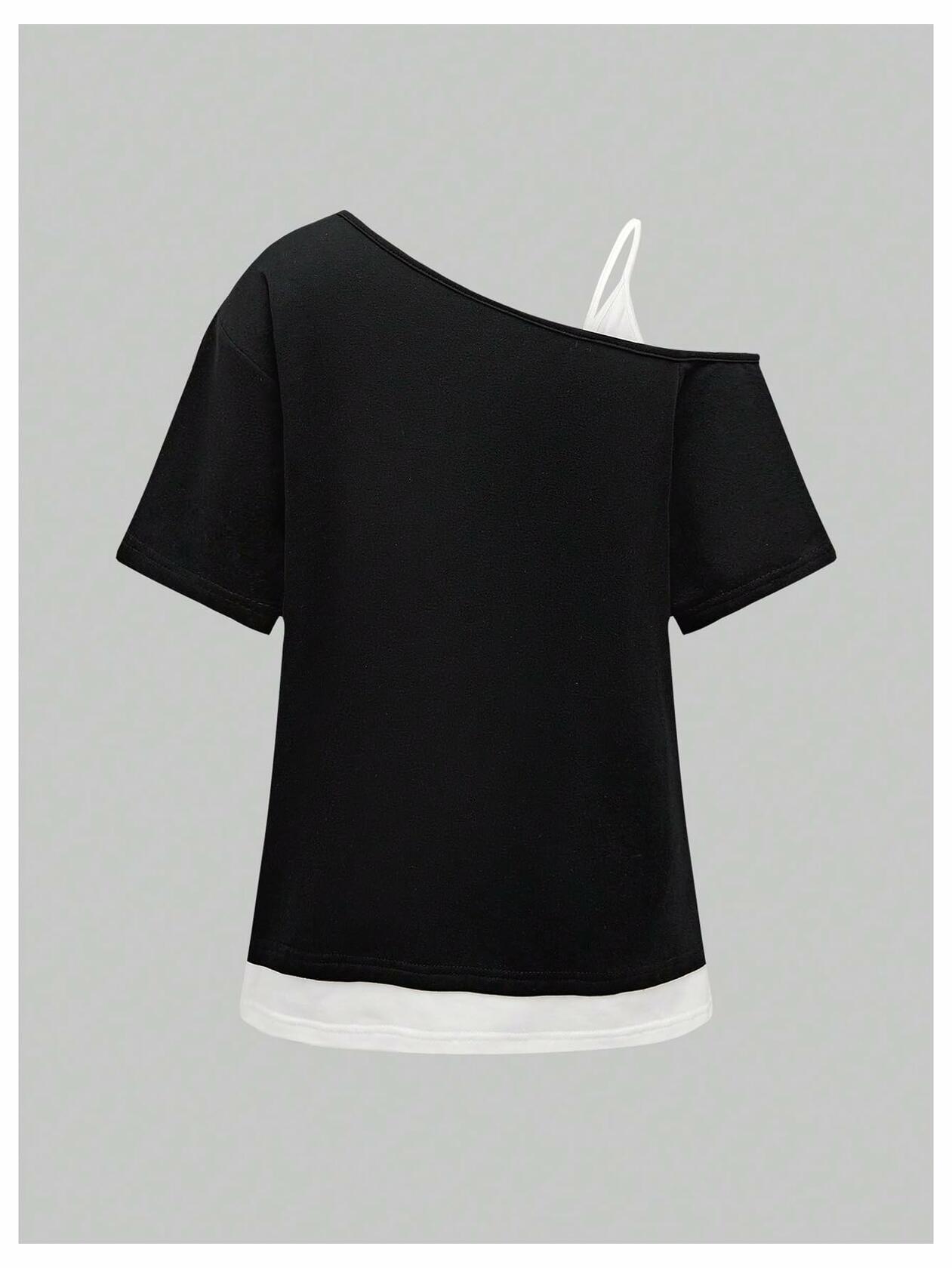 Verdusa Women's Y2k Grunge Goth One Shoulder Color Black Tee Black Size M