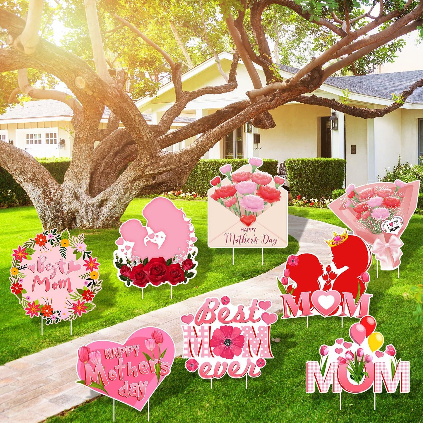 Arosche Mothers Day Yard Signs 8pcs with Stakes Outdoor Party Decorations