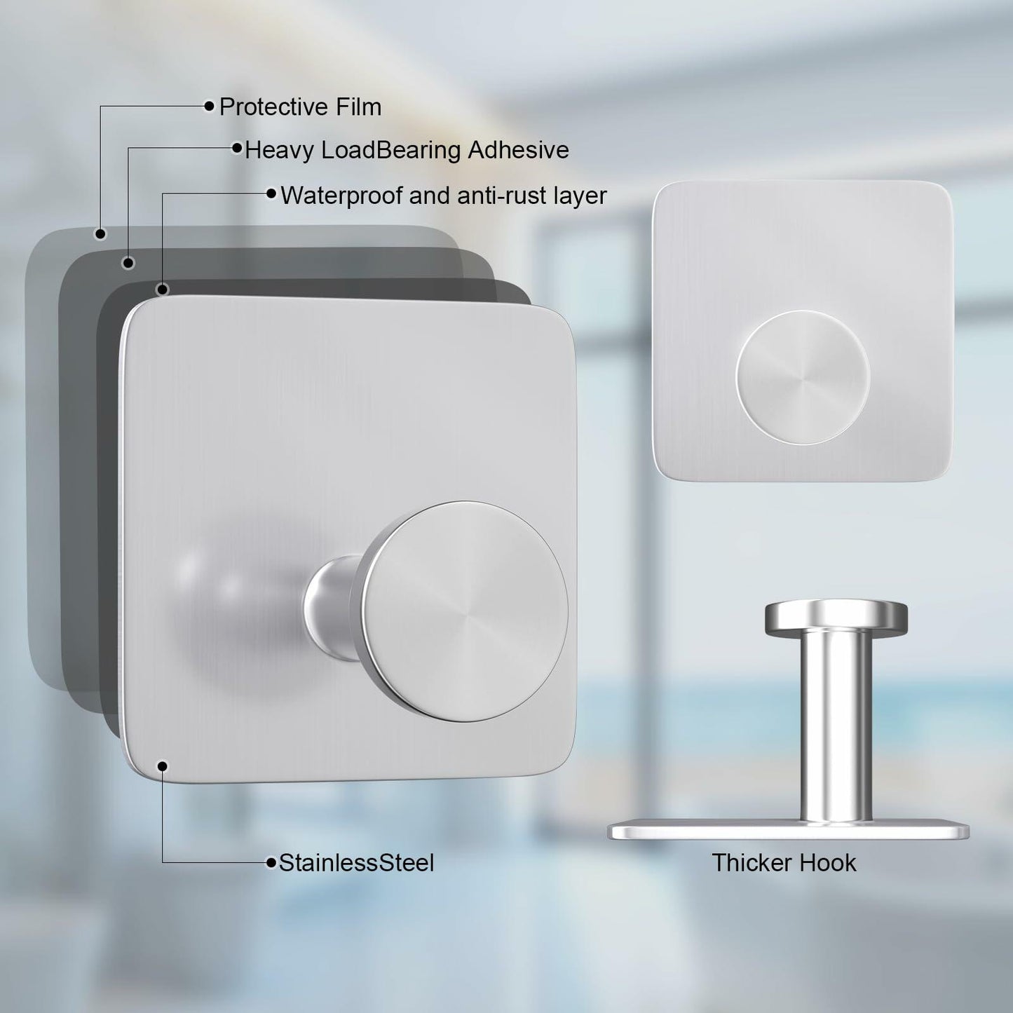 ACNISM Heavy Duty Waterproof Adhesive Hooks Stainless Steel 4 Pack Silver