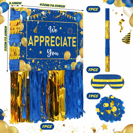 Poen We Appreciate You Piñata with Stick Blindfold Blue Gold Confetti 16x12