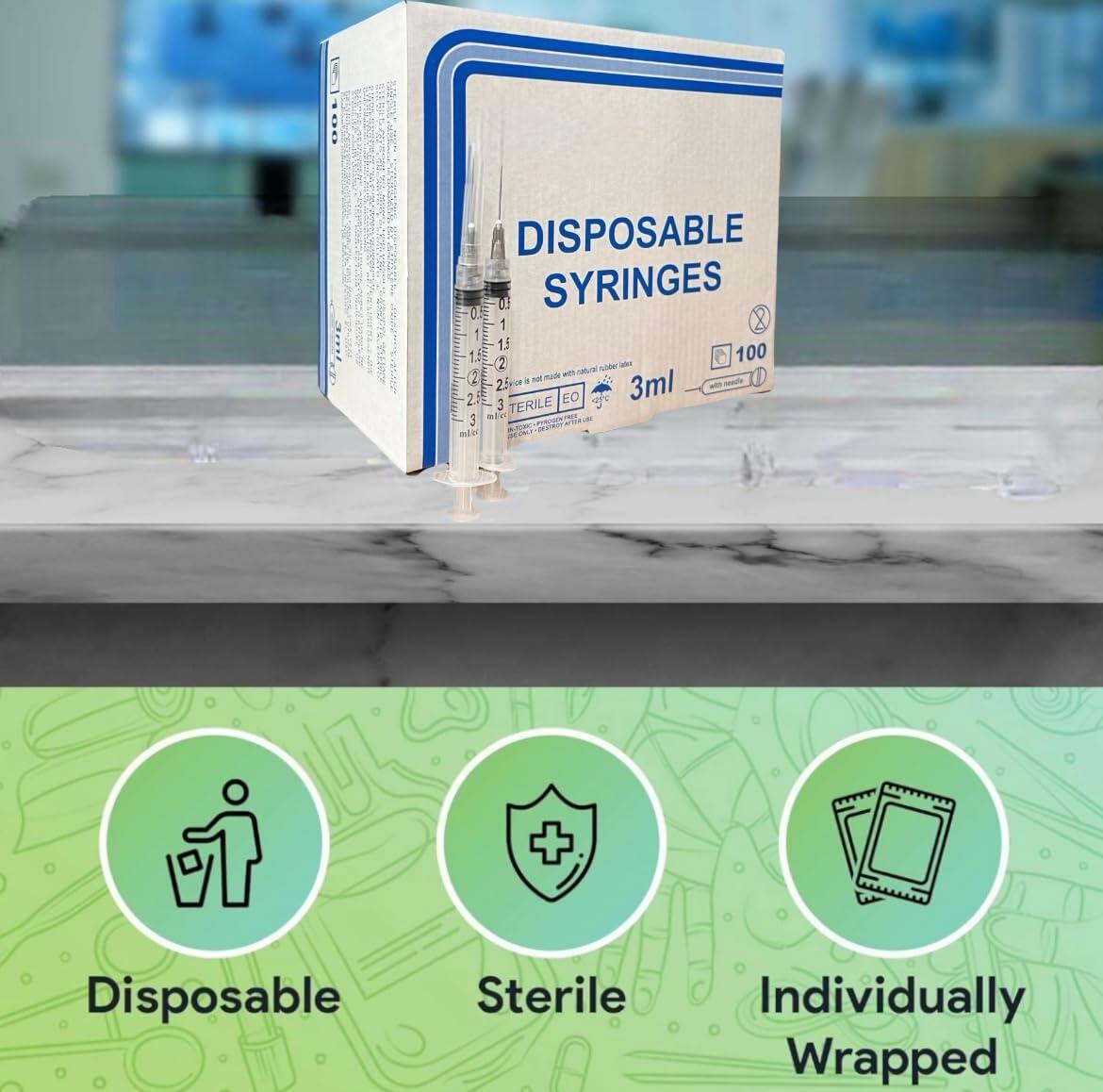 BB06/25 Generic 3ml 22G 1" Luer Lock Disposable Syringes 100 Count