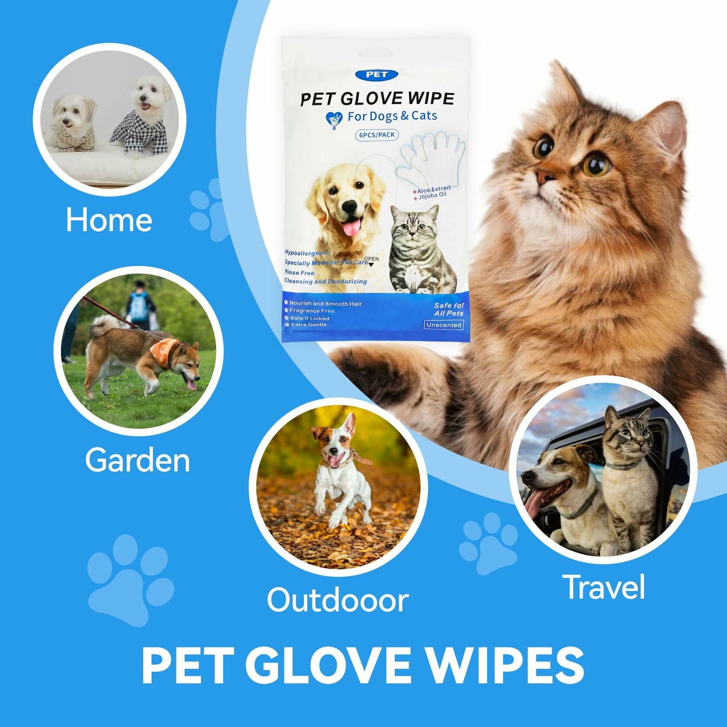 YUVEXAHOO Dog Wipes Extra Thick Deodorizing 6 PCS Blue Pack Pet Care Travel