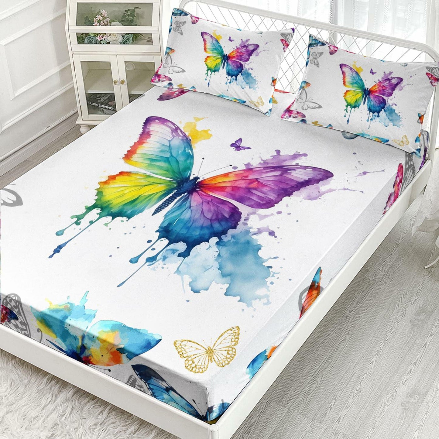 AILONEN Butterfly Fitted Sheet Set Full Size Colorful 3 PCS