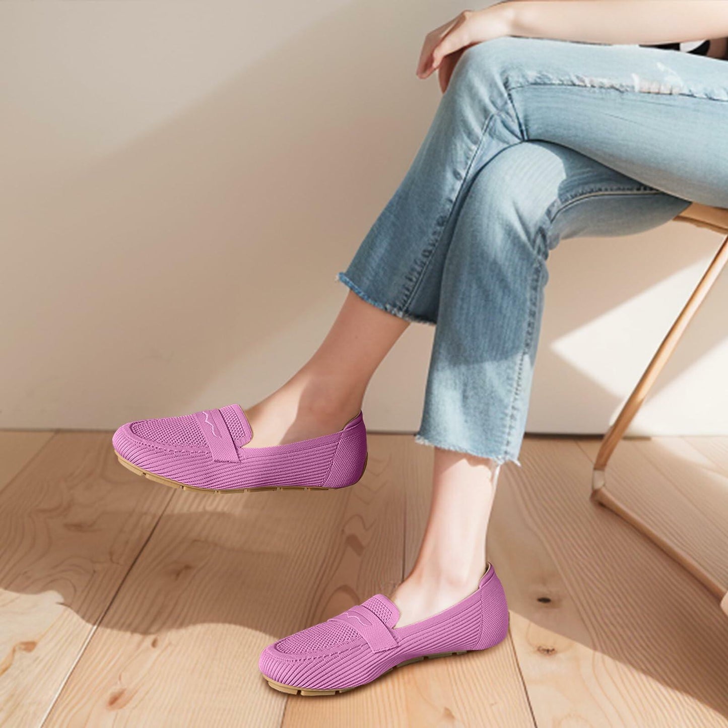 Lrtyu Womens Knit Driving Loafers Comfortable Slip On Casual Pink Size 7