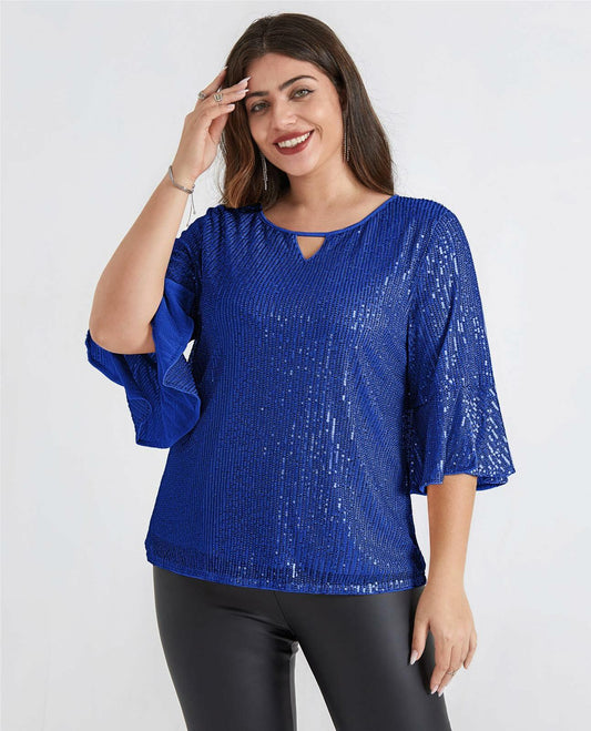 Hanna Nikole Sequin Ruffle Long Sleeve Wrap Blouse Blue Size 18Plus