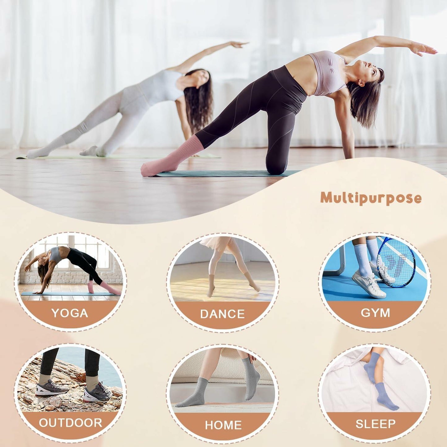 Pilates Socks with Grips Women Non Slip Cotton Yoga Ballet Crew 3 Pairs US 5-9