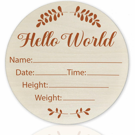 Hello World Olive Branch Newborn Sign 6" Round Birch Wood Baby Plaque