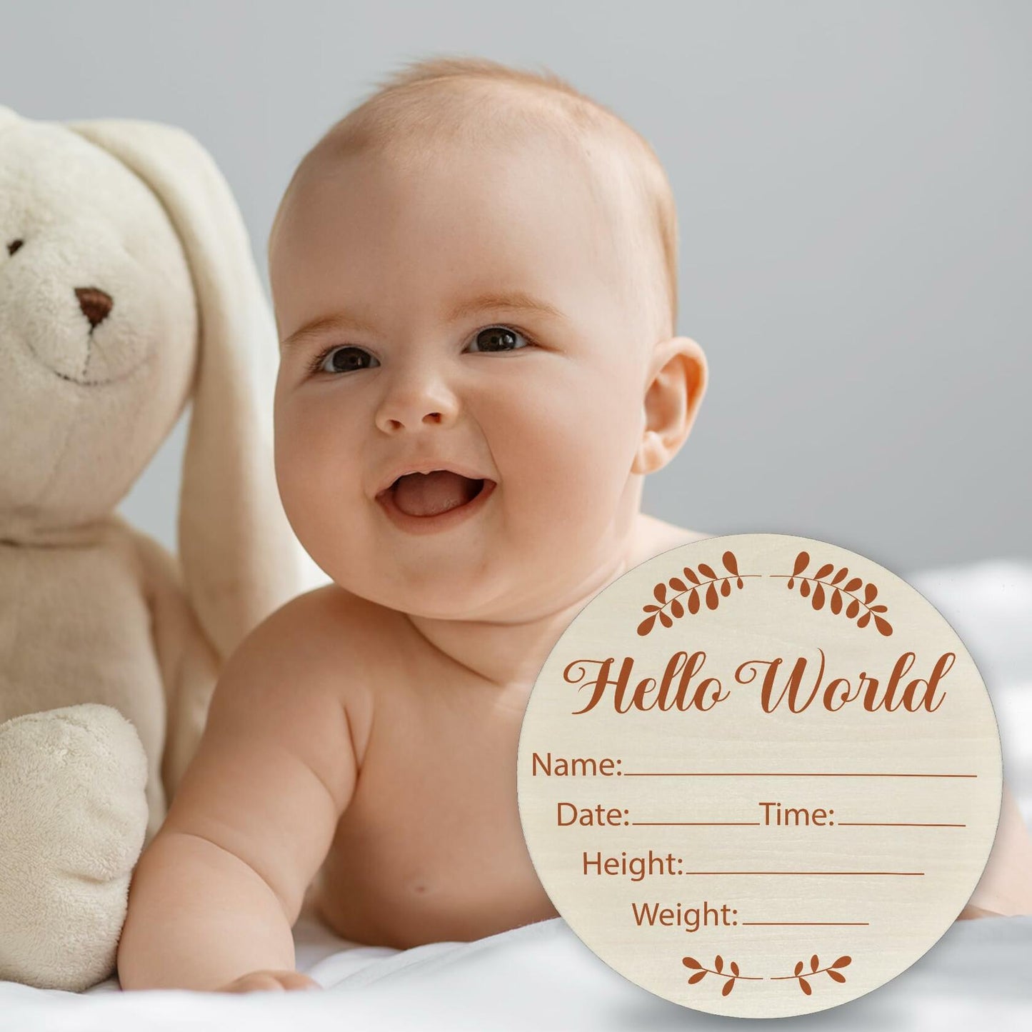Hello World Olive Branch Newborn Sign 6" Round Birch Wood Baby Plaque