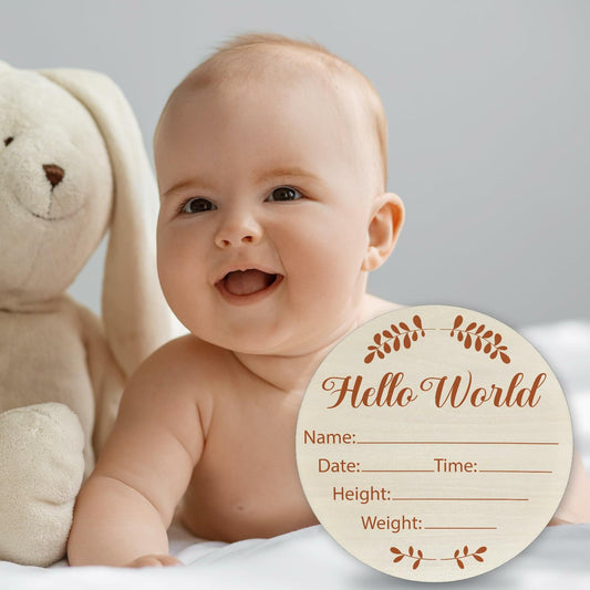 Hello World Olive Branch Newborn Sign 6" Round Birch Wood Baby Plaque