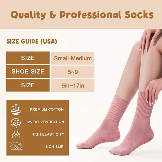 Pilates Socks with Grips Women Non Slip Cotton Yoga Ballet Crew 3 Pairs US 5-9