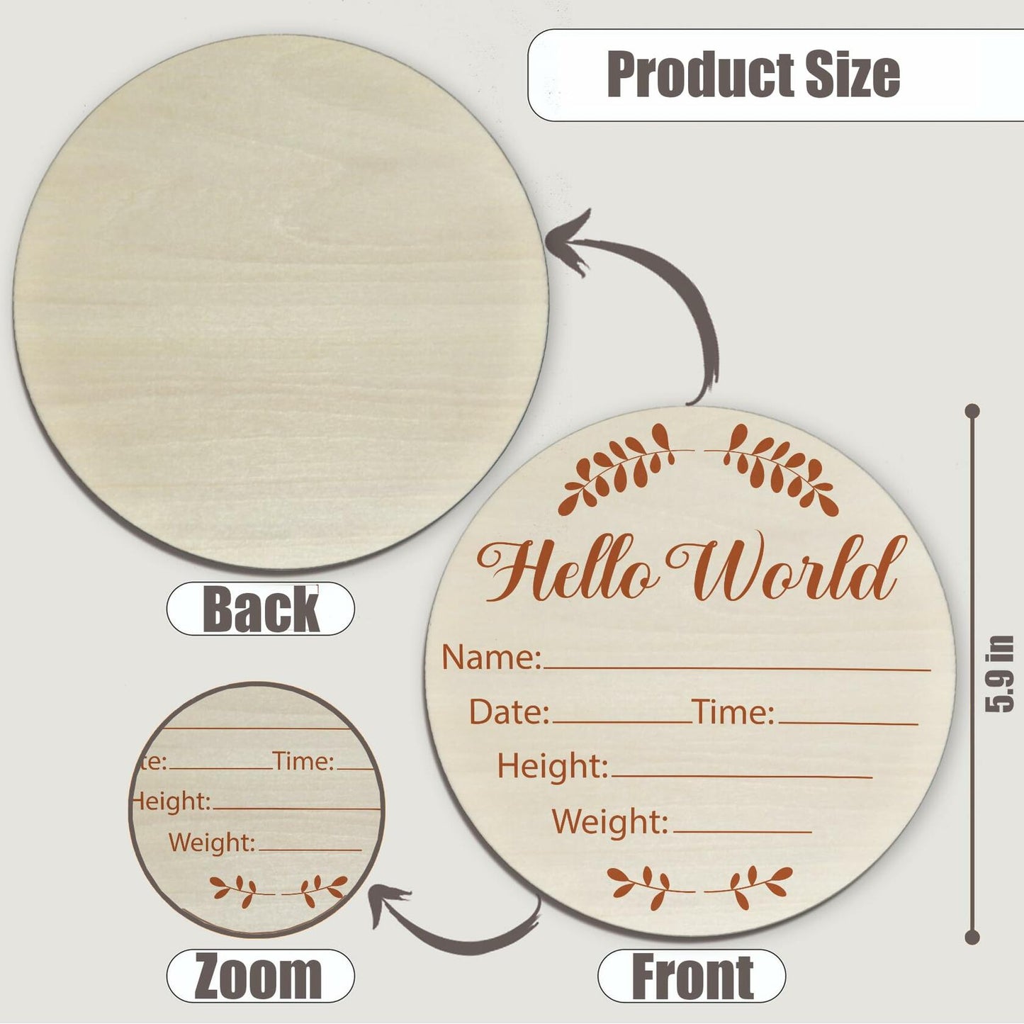 Hello World Olive Branch Newborn Sign 6" Round Birch Wood Baby Plaque