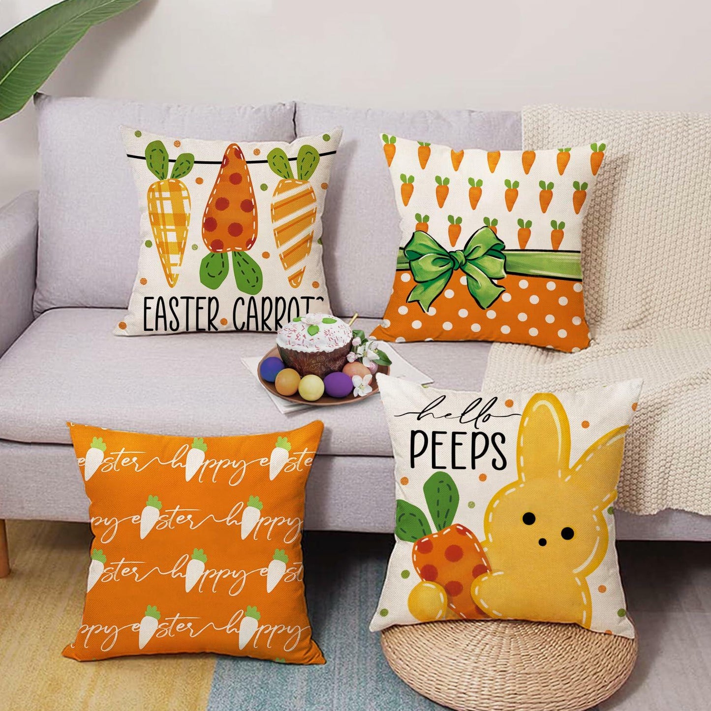 Fjfz Easter Gnome Throw Pillow Covers 18x18 Set of 4 Orange Bunny Carrot