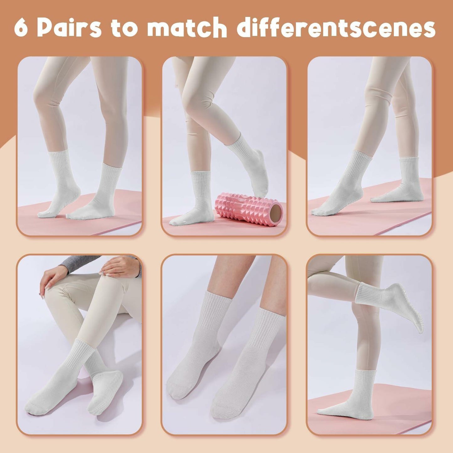 Pilates Socks with Grips Women Non Slip Cotton Yoga Ballet Crew 3 Pairs US 5-9