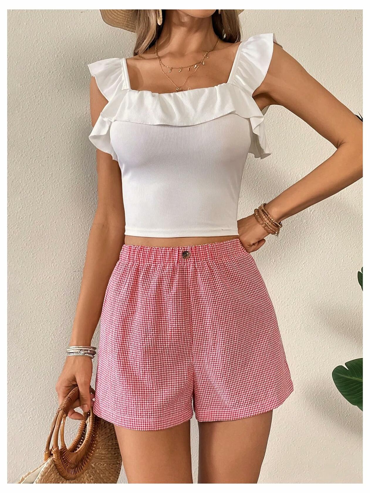 Verdusa Women's Plaid Print Elastic Waist Casual Shorts Red White Size S