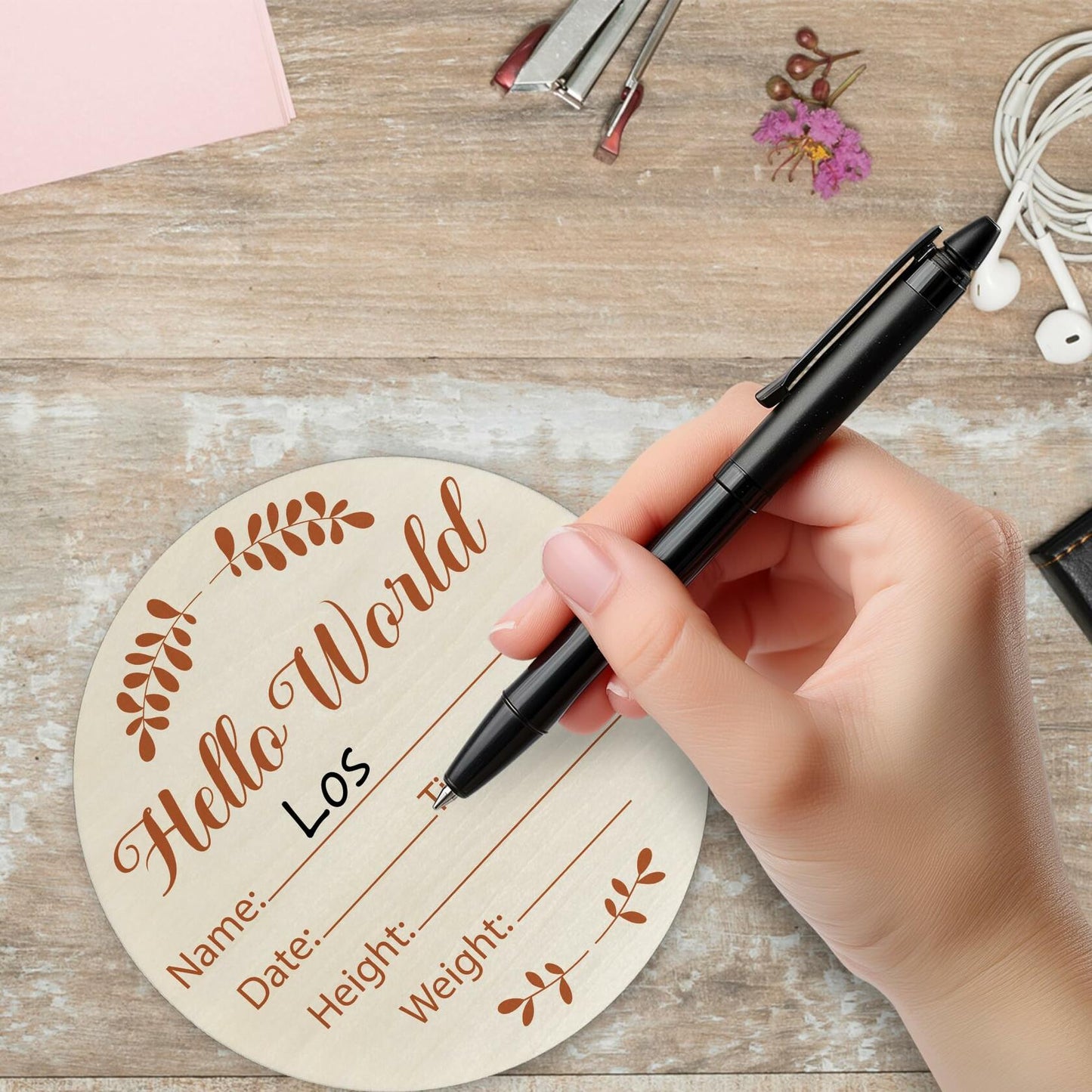 Hello World Olive Branch Newborn Sign 6" Round Birch Wood Baby Plaque